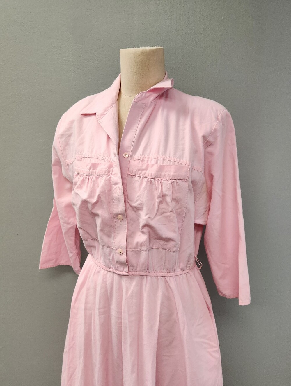 Vintage Stuart Alan Petites Pink Cotton Midi Shirt Dress Elastic Waist - Picture 3 of 10